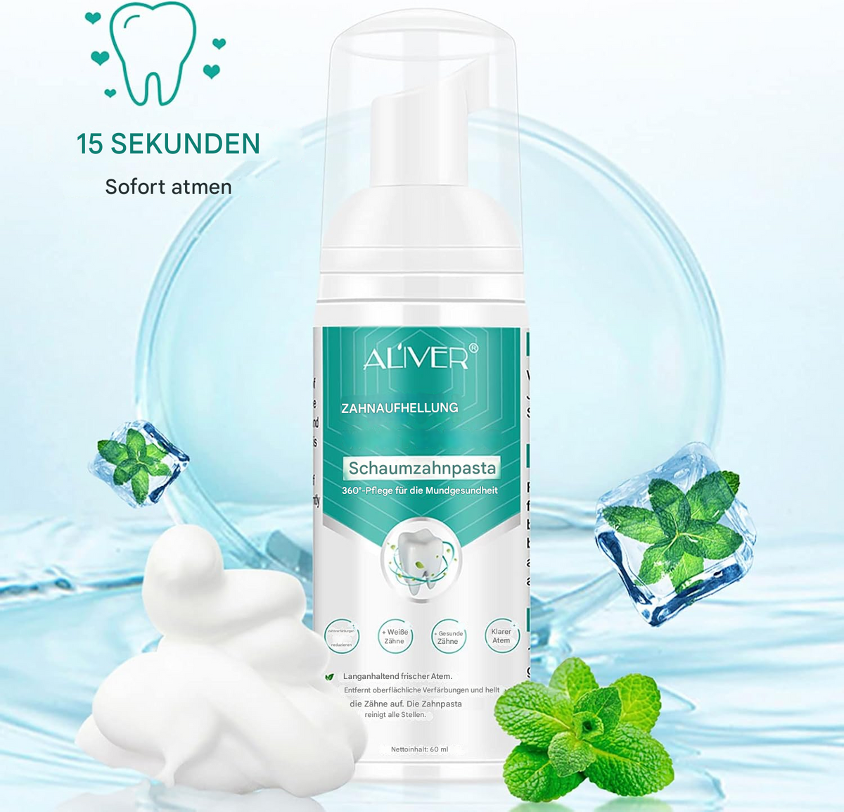 Zahnweiß-Aktivschaum für empfindliche Zähne | Pumpflasche, Mousse-Schaum | Sanfte Aufhellung, Fleckenentfernung & frischer Atem 3