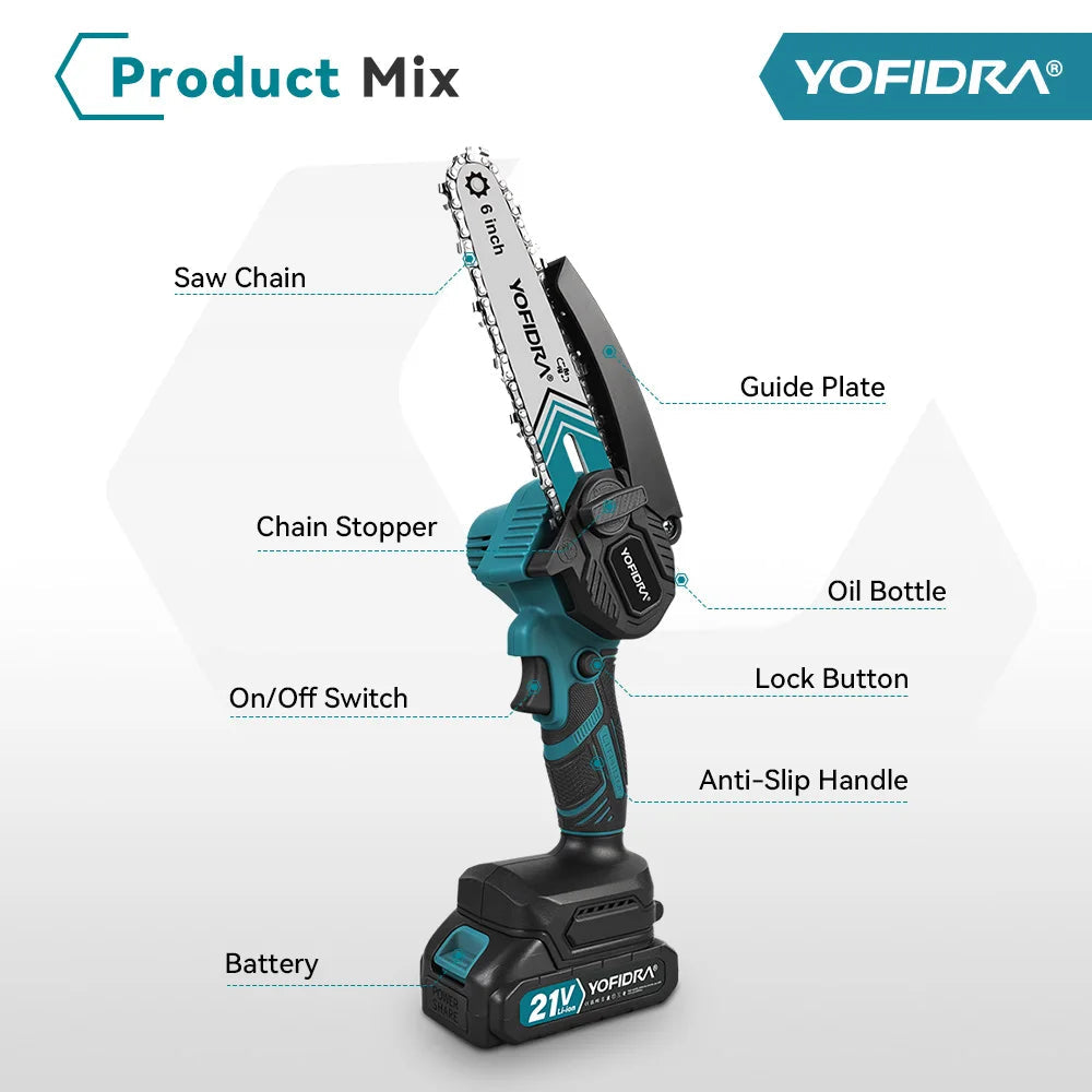 Kabellose Elektrische Kettensäge 2000W | 6 Zoll Schwert, Automatische Kettenschmierung | Kupfermotor, 30000 U/min, Werkzeugkoffer 6