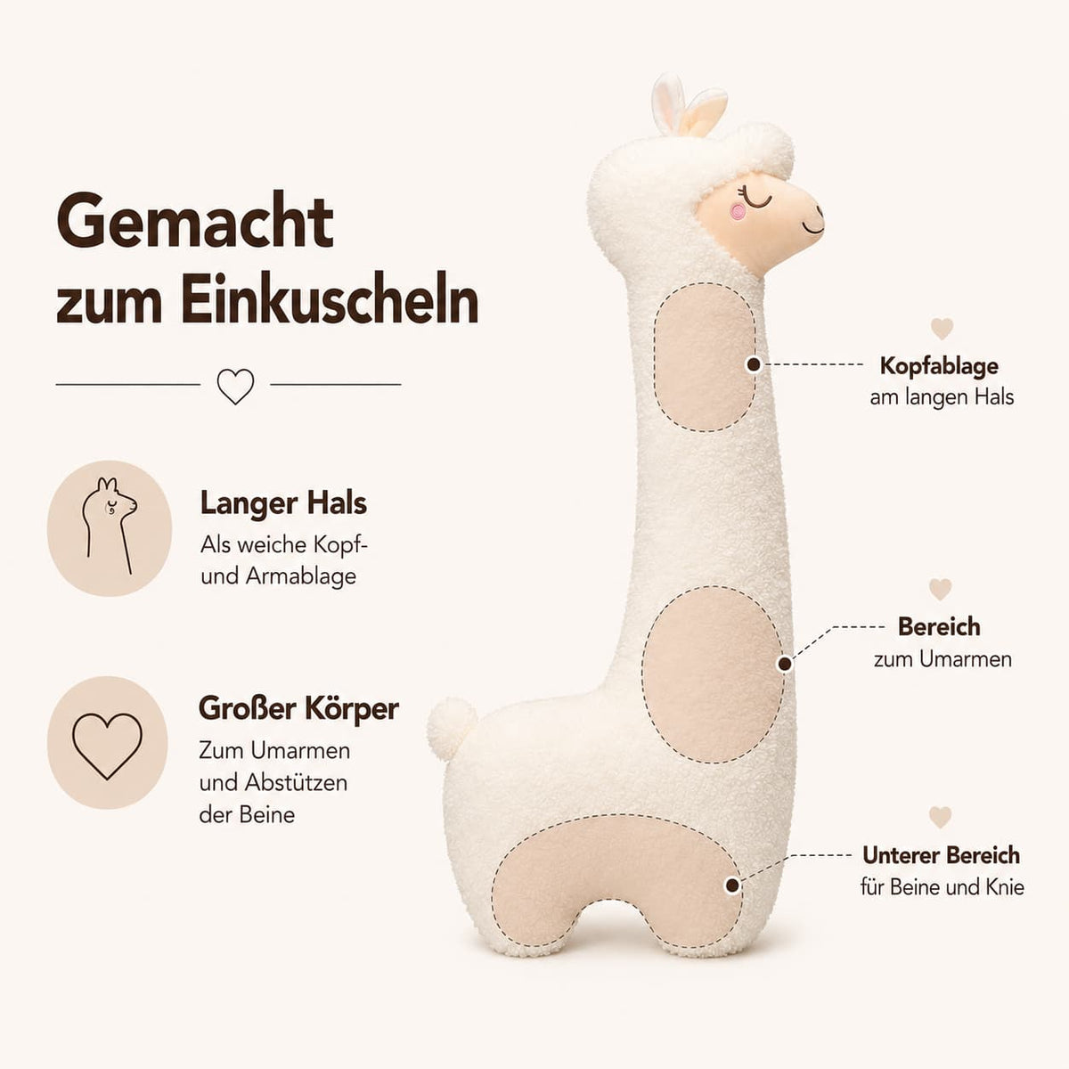 Alpaka Seitenschläferkissen Plüsch 100/130 cm | Weiß oder Braun | Flauschiges Ganzkörperkissen zum Kuscheln und Anlehnen 7