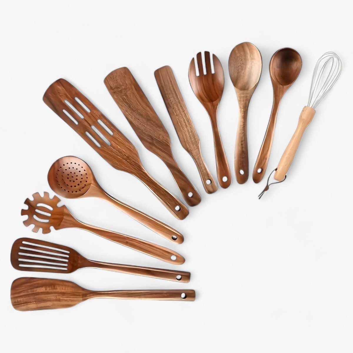 11-teiliges hitzebeständiges Holzbesteck-Set, ideal für Antihaft-Kochgeschirr.