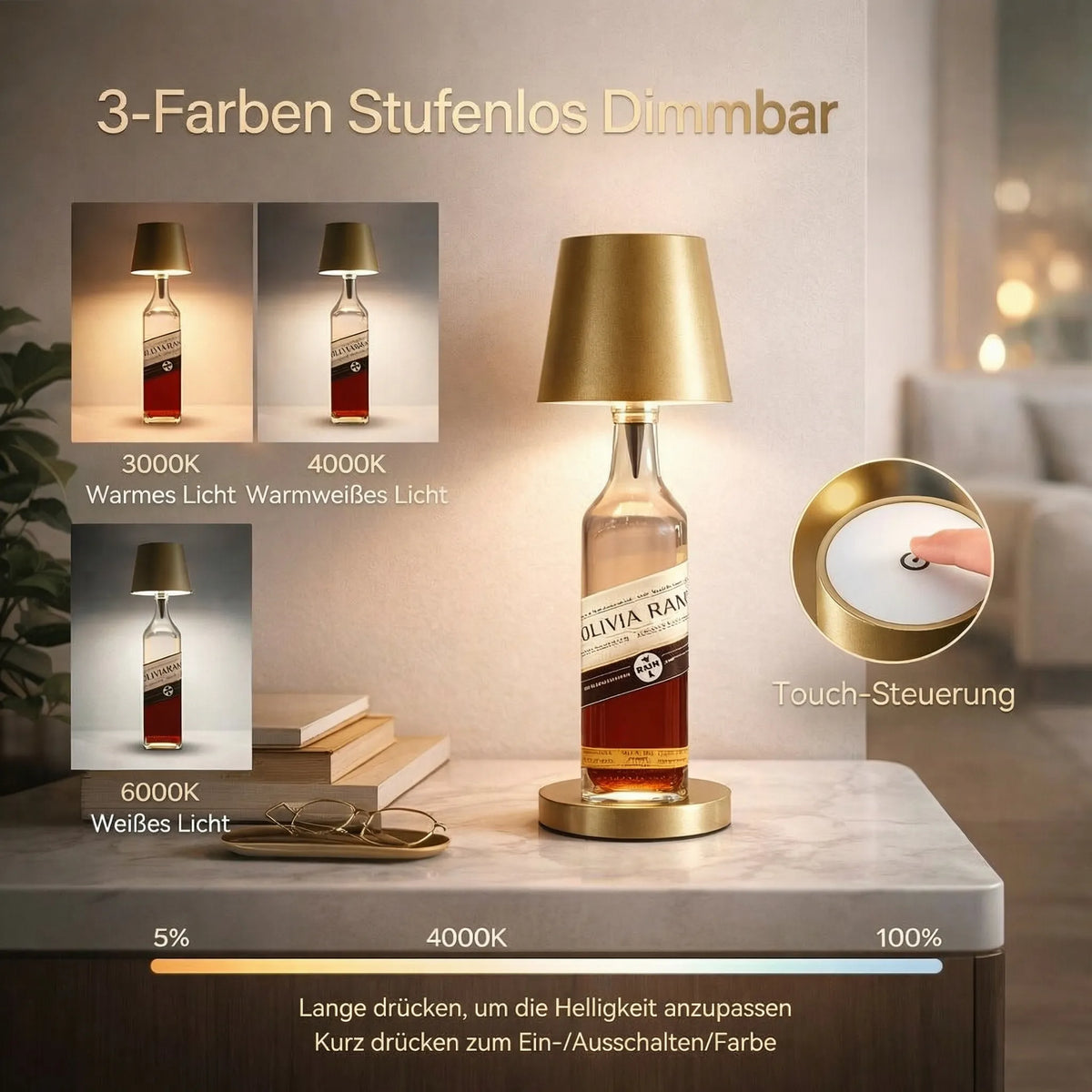 LED Flaschenaufsatz aus Kunststoff | Kabellos, USB-C wiederaufladbar, dimmbares Warmweiß | Für Flaschen und Karaffen 2