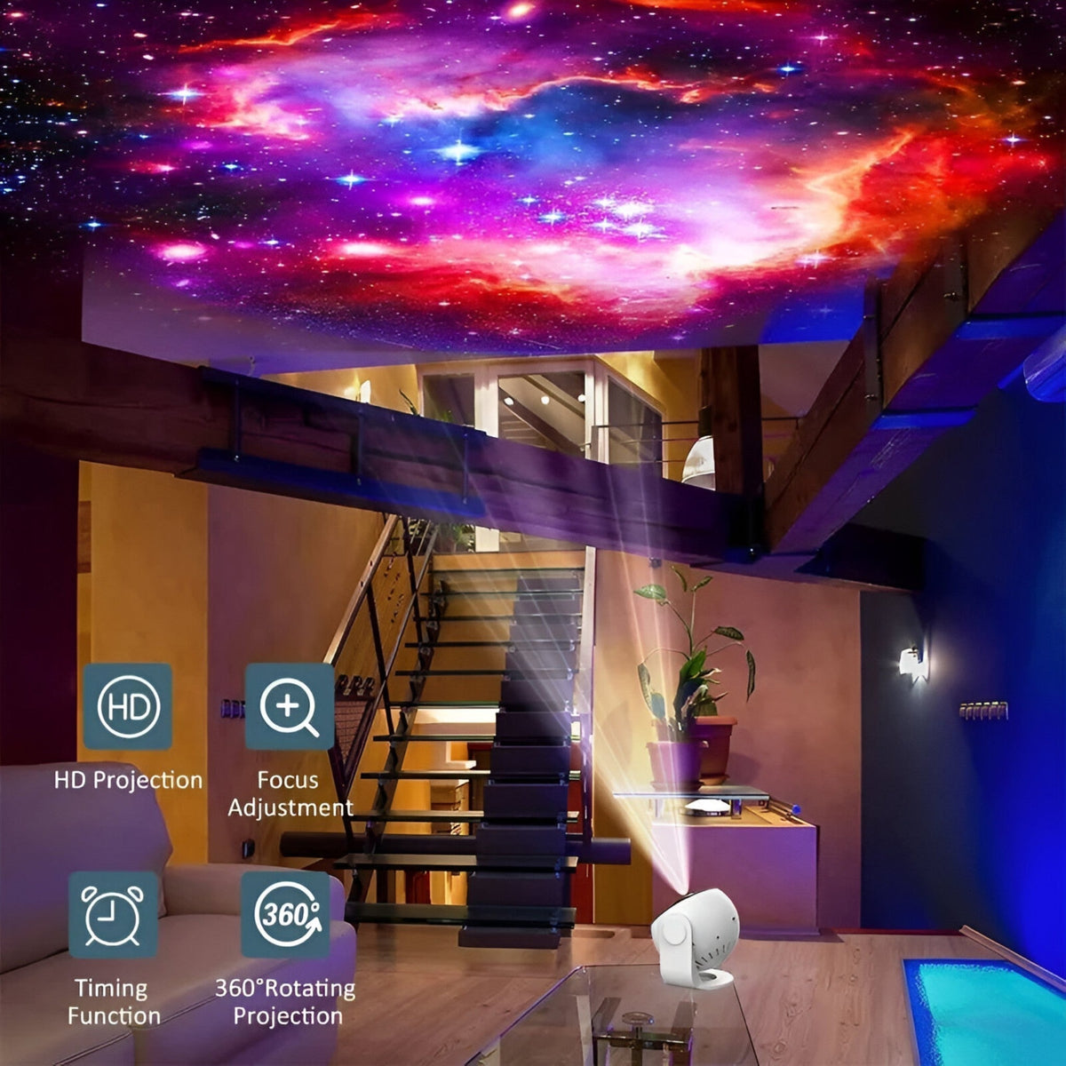 Galaxie-Projektor Sternenhimmel 360° | 13 Projektionsscheiben, doppelte Helligkeit | Abschaltautomatik, leises Nachtlicht 6