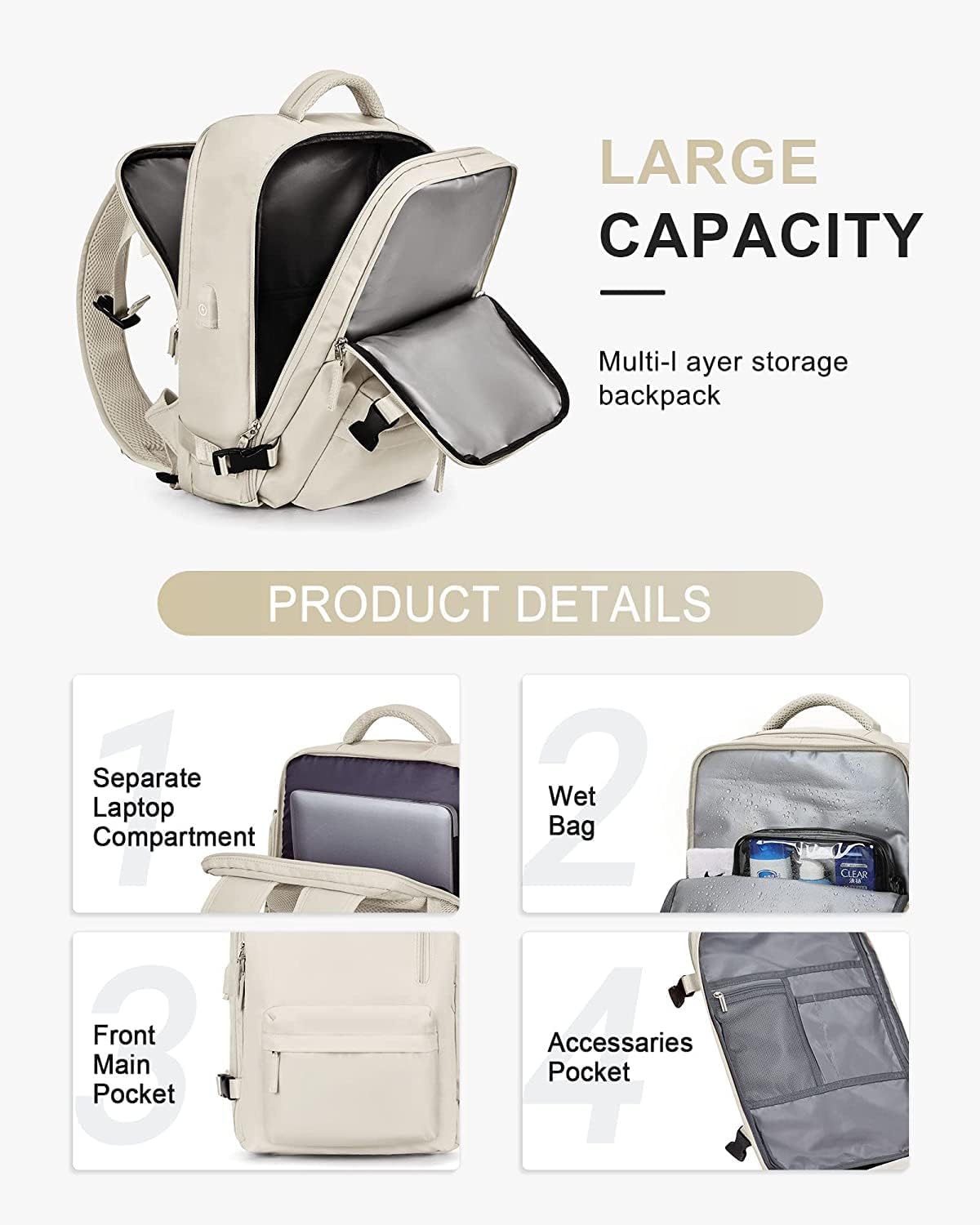 Reiserucksack 40L Wasserabweisend | Schuhfach, USB-Ladeanschluss, Laptopfach bis 14 Zoll | Organisierter Stauraum für Reisen 14