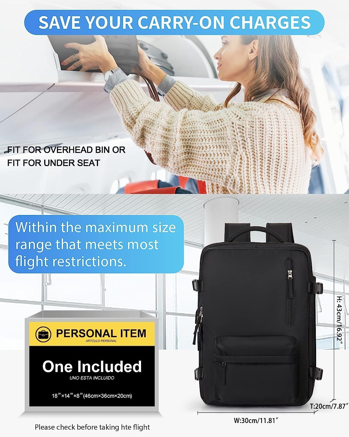 Reiserucksack 40L Wasserabweisend | Schuhfach, USB-Ladeanschluss, Laptopfach bis 14 Zoll | Organisierter Stauraum für Reisen 6