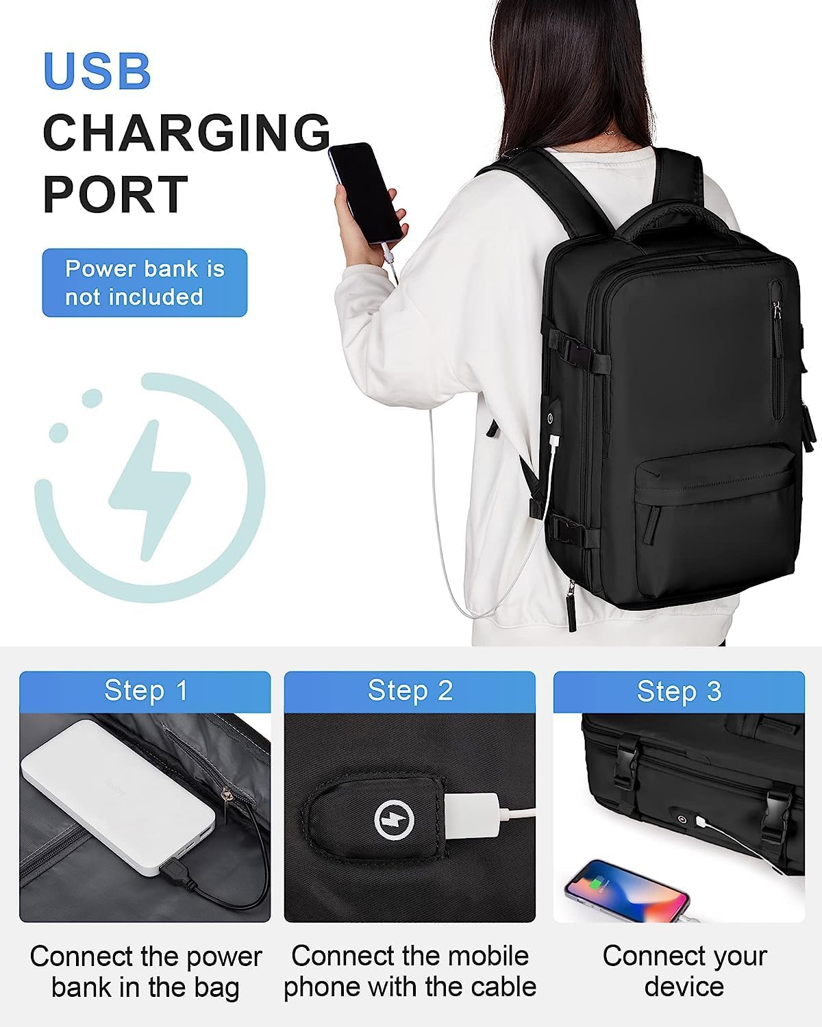 Reiserucksack 40L Wasserabweisend | Schuhfach, USB-Ladeanschluss, Laptopfach bis 14 Zoll | Organisierter Stauraum für Reisen 7