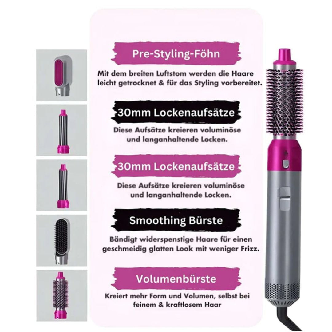 5-in-1 Haarstyler mit Keramikbeschichtung | 5 Aufsätze für Locken, Wellen, Glätte & Föhnen | Gleichmäßige Wärmeverteilung 5