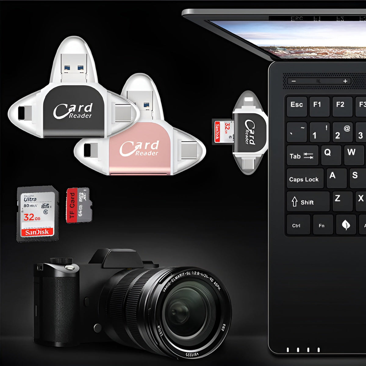 SD Kartenleser 4-in-1 | USB C, Lightning, Micro USB, USB A | Bis zu 400 GB, 500 Mbps, Plug and Play mit Schlüsselring 12