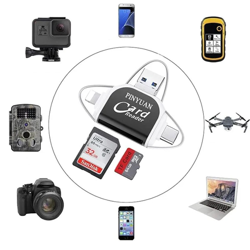 SD Kartenleser 4-in-1 | USB C, Lightning, Micro USB, USB A | Bis zu 400 GB, 500 Mbps, Plug and Play mit Schlüsselring 3