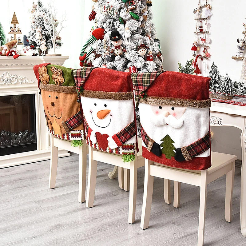 Weihnachts-Stuhlhusse Santa, Schneemann, Elch | 54 x 48 cm, 2er-Set | Weiches Leinen-Fleece, wiederverwendbar für Feste 1