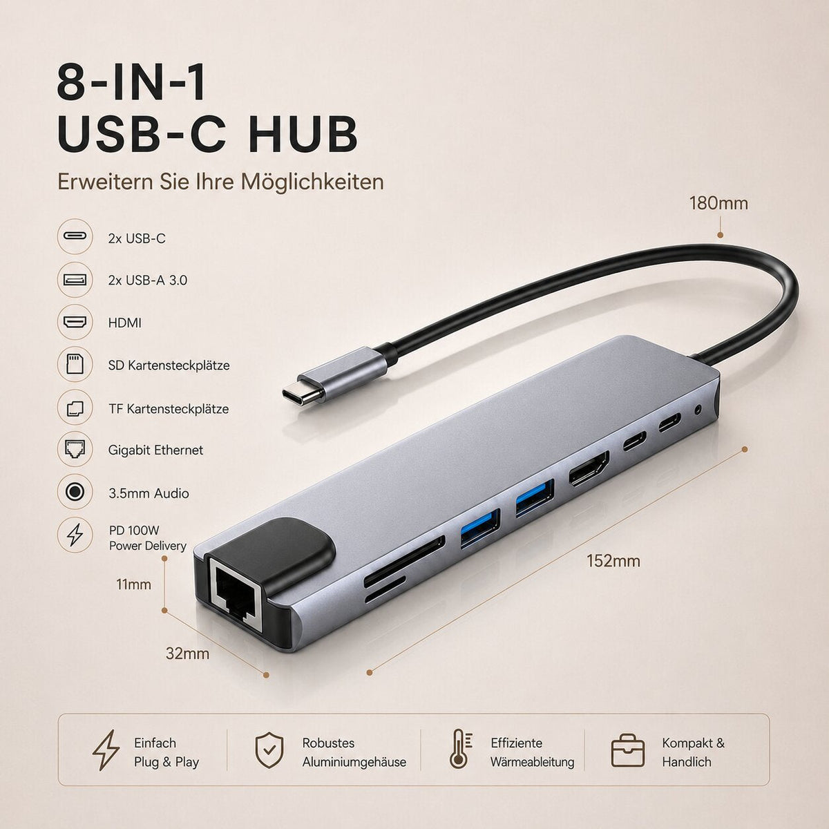 USB C Dockingstation 8 in 1 | 4K HDMI, RJ45 Ethernet, SD/TF Kartenleser | 87 W Power Delivery, Aluminiumgehäuse 3
