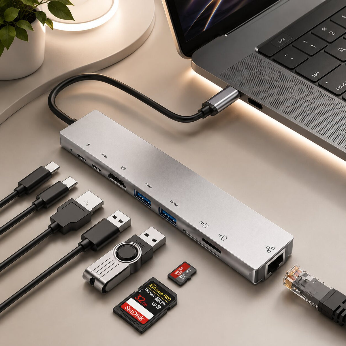 USB C Dockingstation 8 in 1 | 4K HDMI, RJ45 Ethernet, SD/TF Kartenleser | 87 W Power Delivery, Aluminiumgehäuse 5